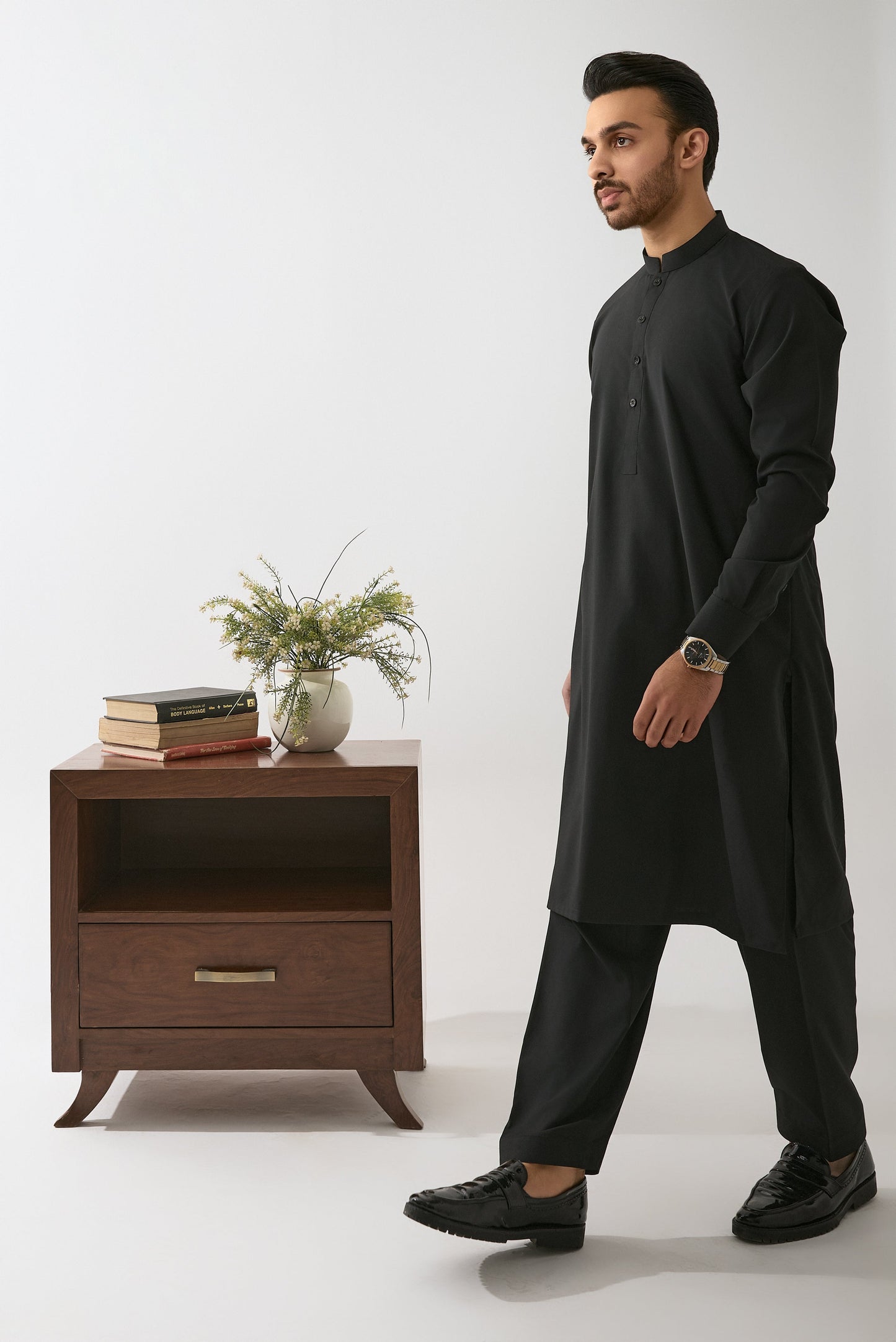 Black Wash and Wear Shalwar Kameez Fabric by Leaf Clothing