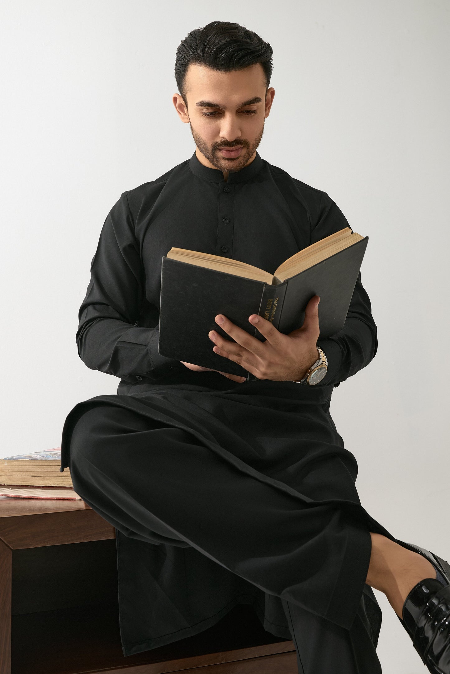 Black Wash and Wear Shalwar Kameez Fabric by Leaf Clothing
