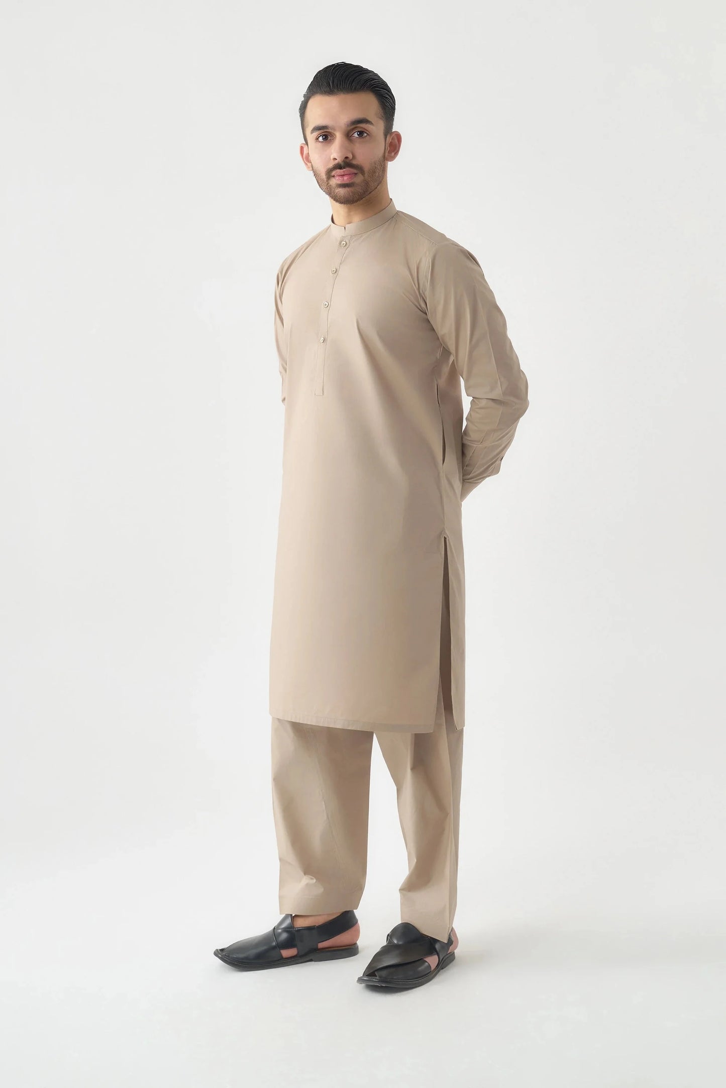 Men's Premium Beige Cotton Shalwar Kameez by Leaf Clothing