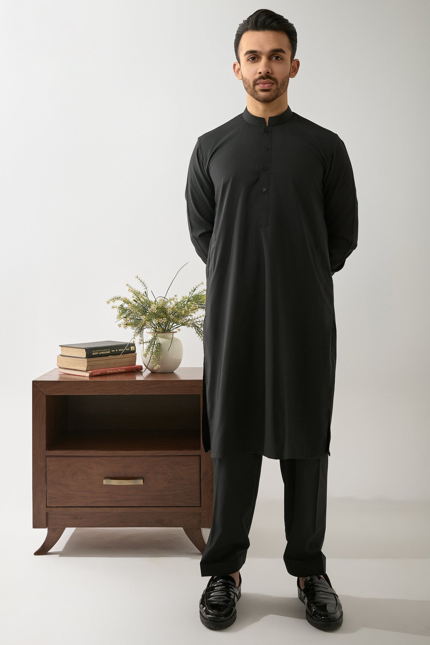 Black Wash and Wear Shalwar Kameez Fabric by Leaf Clothing