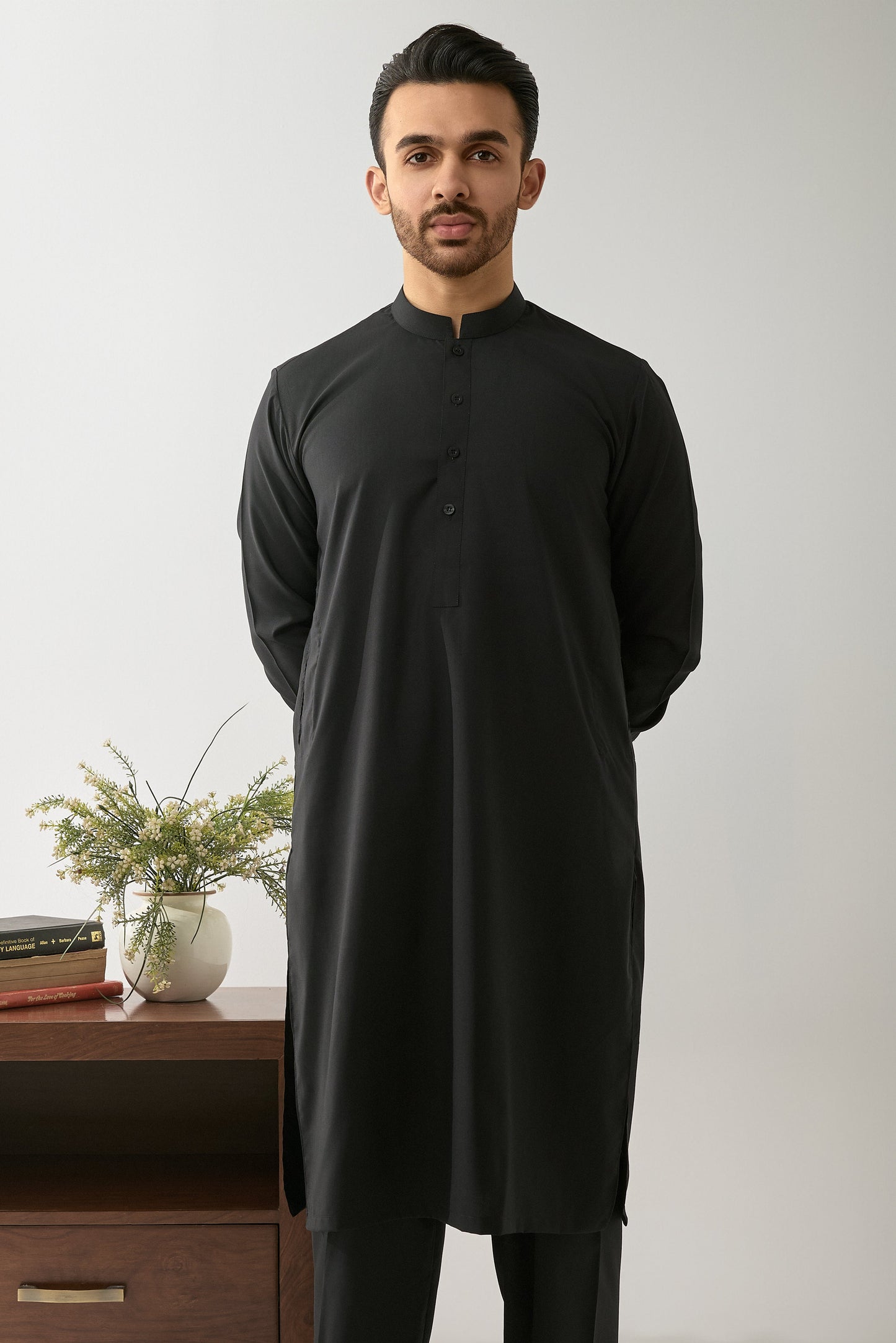 Black Wash and Wear Shalwar Kameez Fabric by Leaf Clothing