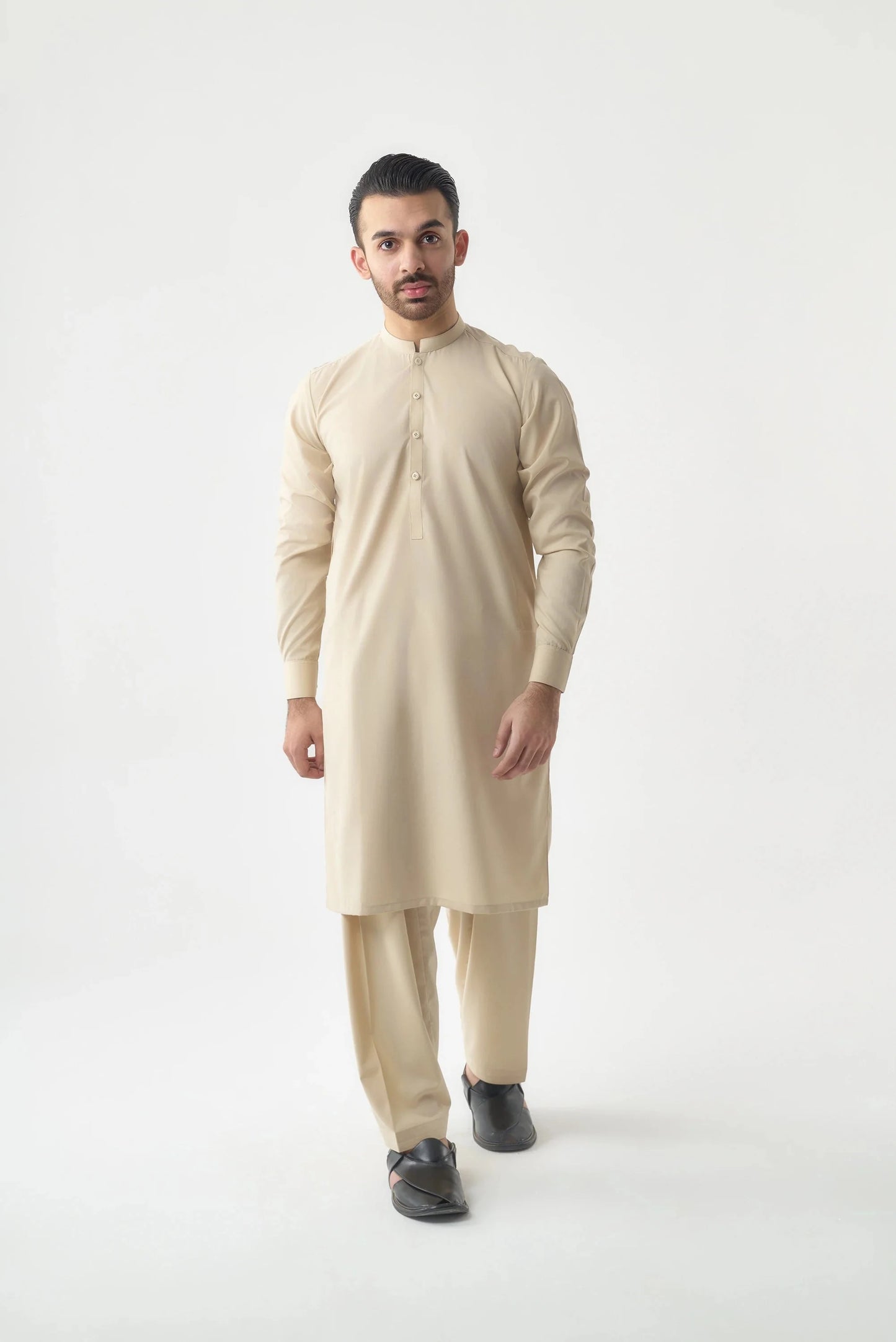 Men's Premium Cream Wash and Wear Shalwar Kameez  by Leaf Clothing