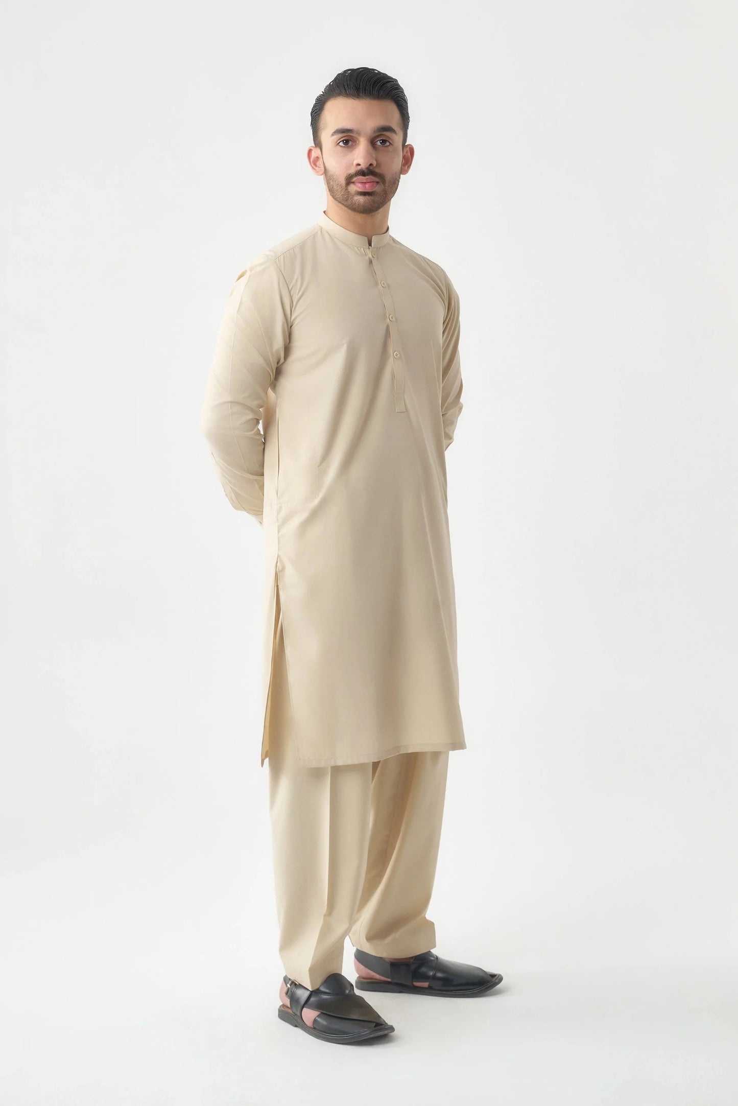 Men's Premium Cream Wash and Wear Shalwar Kameez  by Leaf Clothing