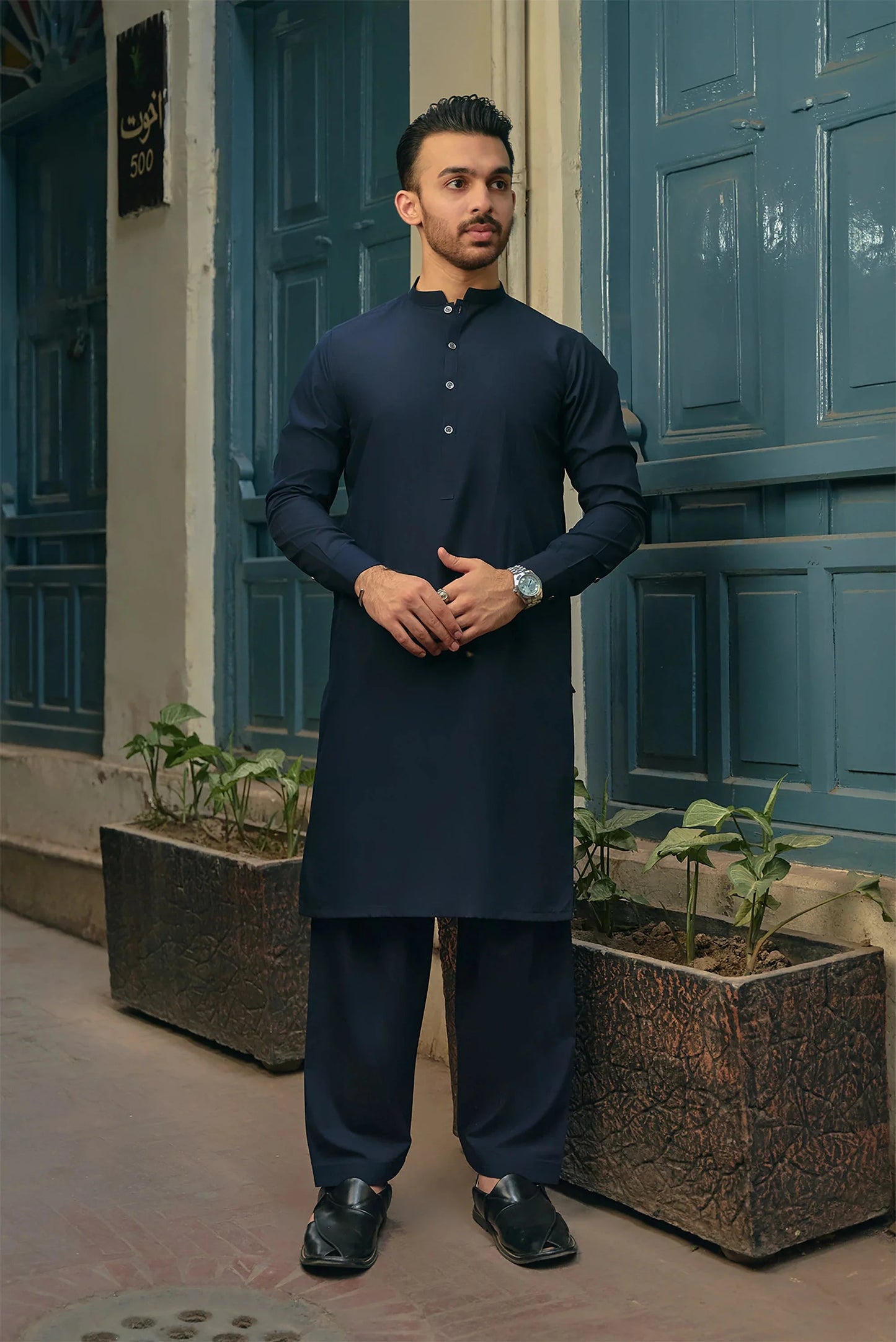 Premium Quality Navy Wash and Wear Shalwar Kameez by Leaf Clothing